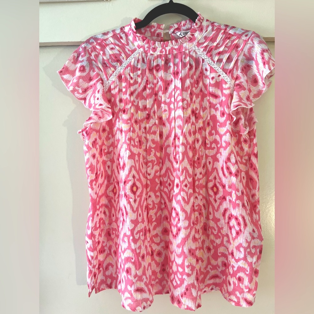 Short Sleeve Blouse with High Ruffle Neck Woven Top with Pintuck Details.